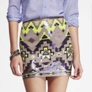 Express Aztec Sequin Stretch Skirt Gray Neon Green NEW